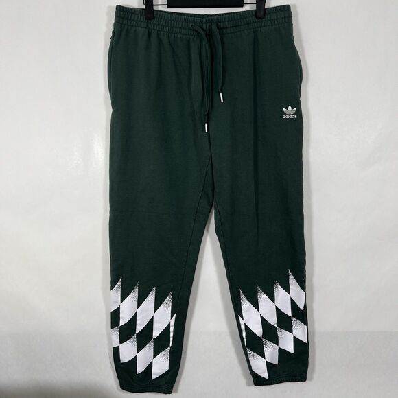 Adidas Joggers Sweatpants Mens Size Large Green Diamonds Trefoil Fleece 34x30 - Picture 1 of 16